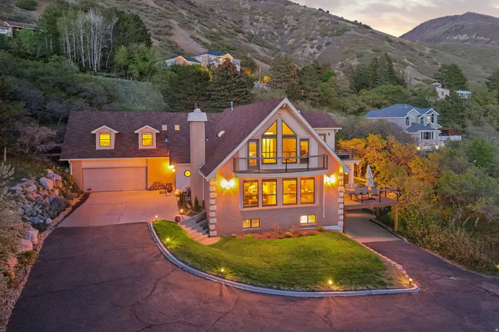 Brick and stucco exterior with a prominent A-frame architectural style