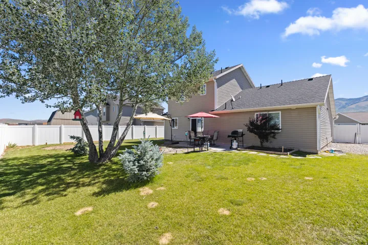 Expansive backyard featuring a large mature tree, a full privacy fence, and a concrete patio