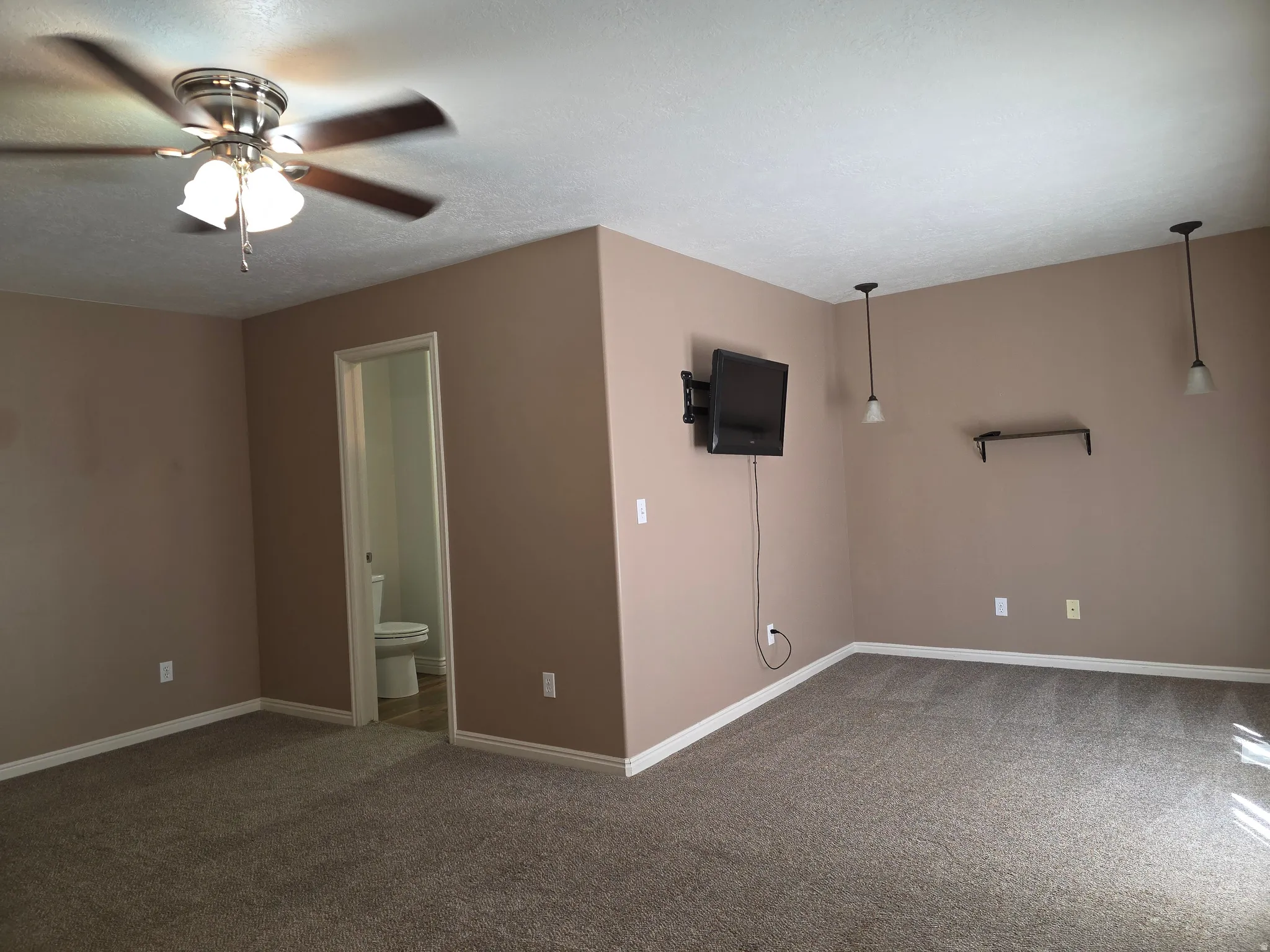 Spacious room with plush carpet flooring, neutral-toned walls, and a ceiling fan with integrated lighting