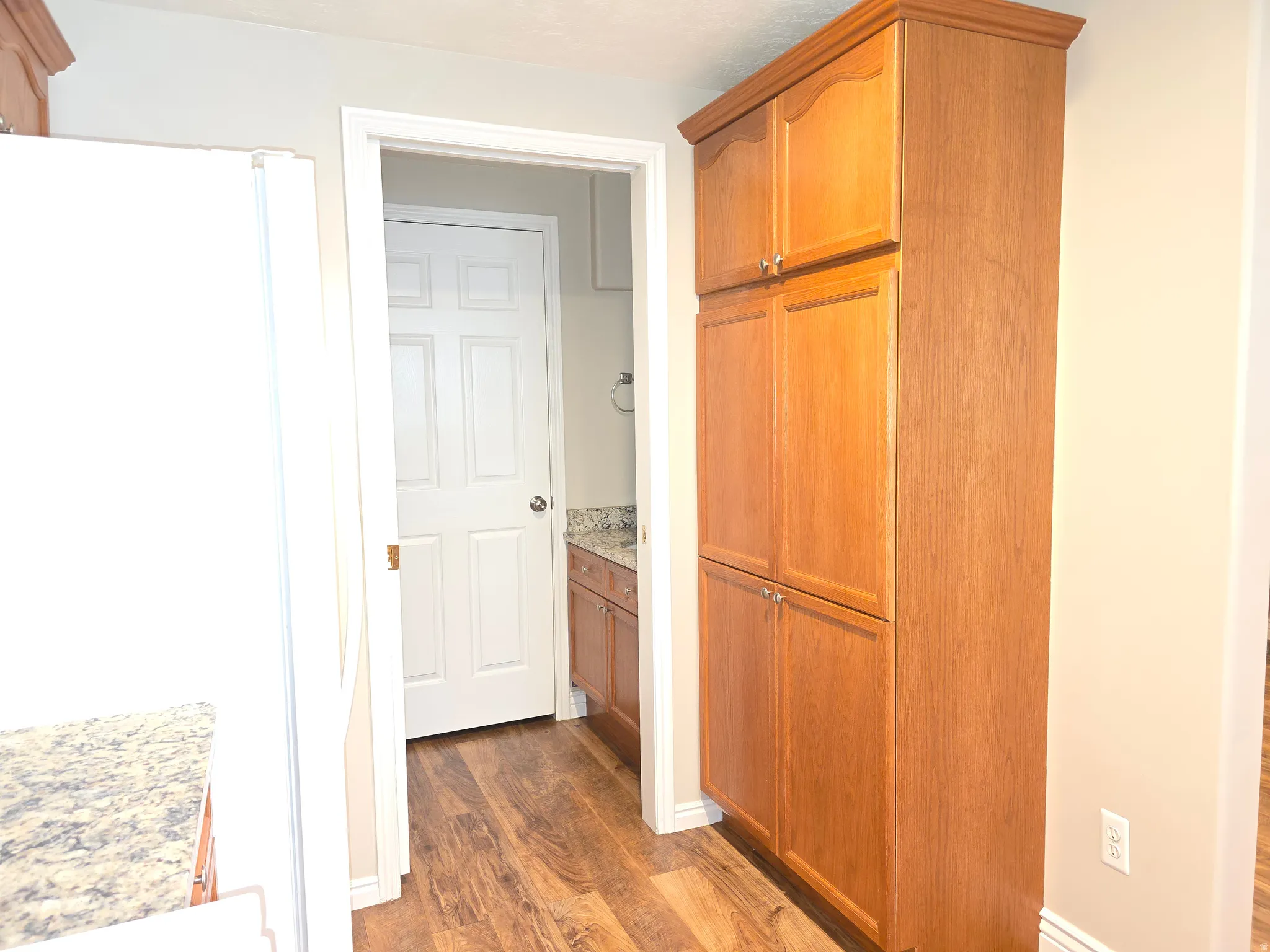 Floor-to-ceiling wood-finish cabinetry with silver-tone hardware, wood-finish flooring, and light-toned walls