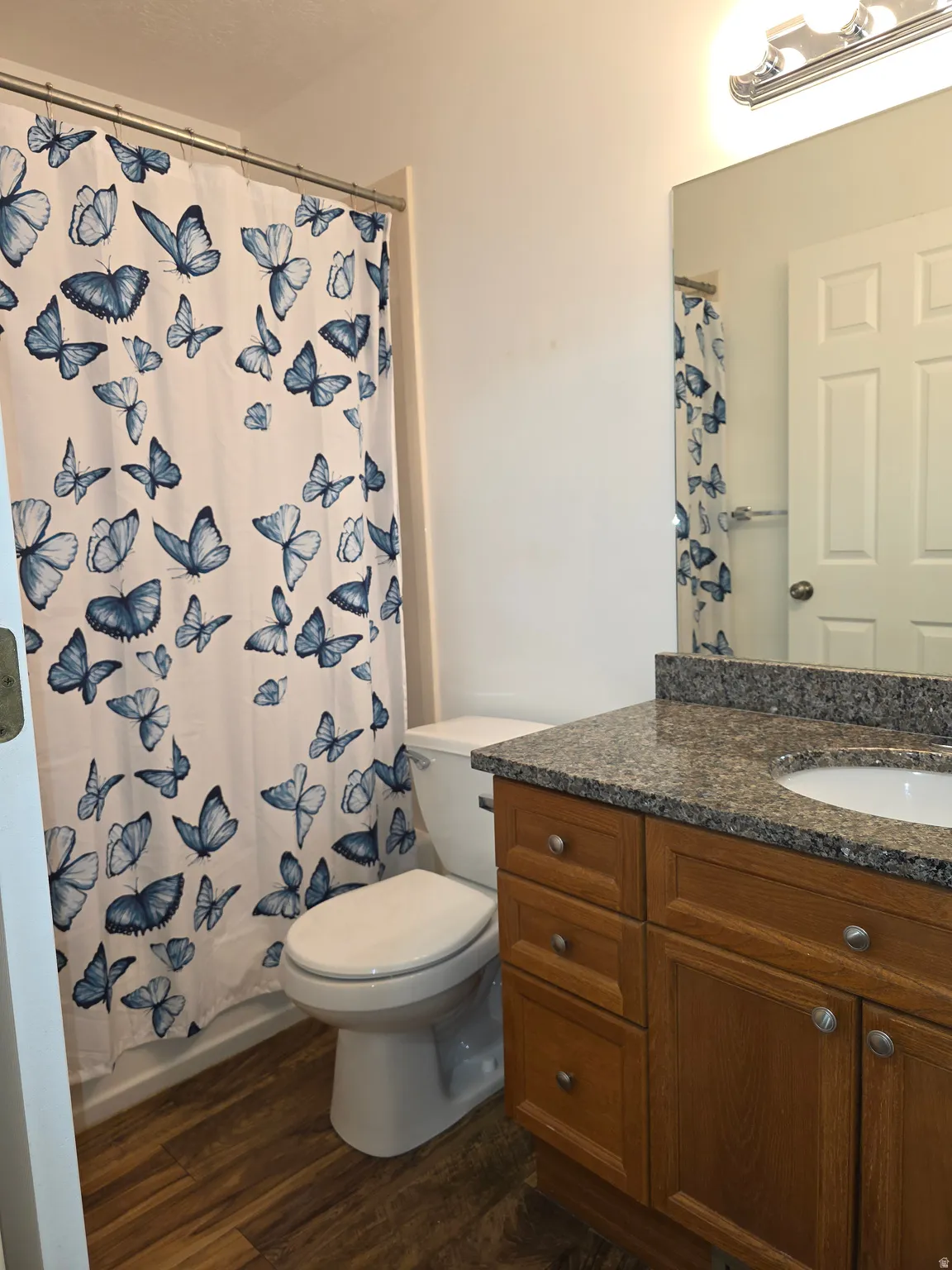 Bathroom featuring a wood-finish vanity with a granite-style countertop, undermount sink, and chrome fixtures