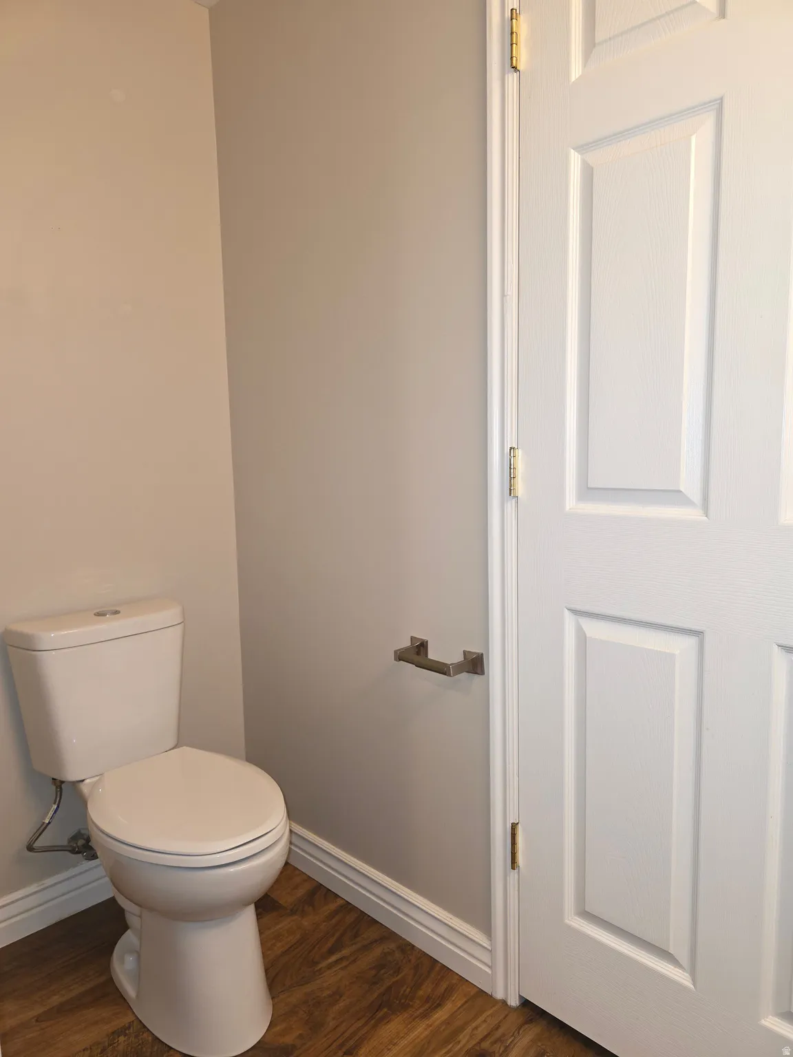 White two-piece toilet featuring a wood-finish floor and a white paneled door