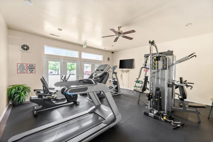 Fitness center featuring rubber flooring, a multi-station weight machine, various cardio equipment, a wall-mounted television, and large windows with exterior views