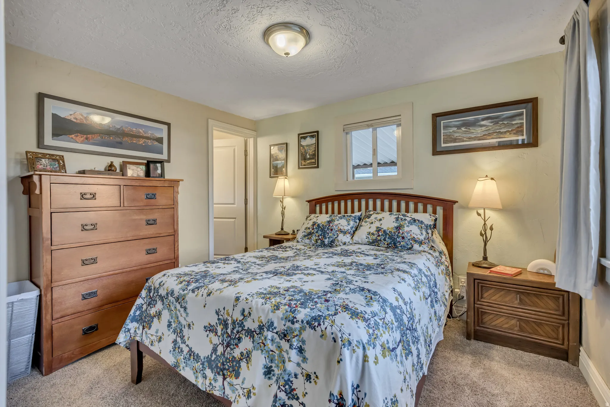 Carpeted room with a ceiling-mounted light fixture