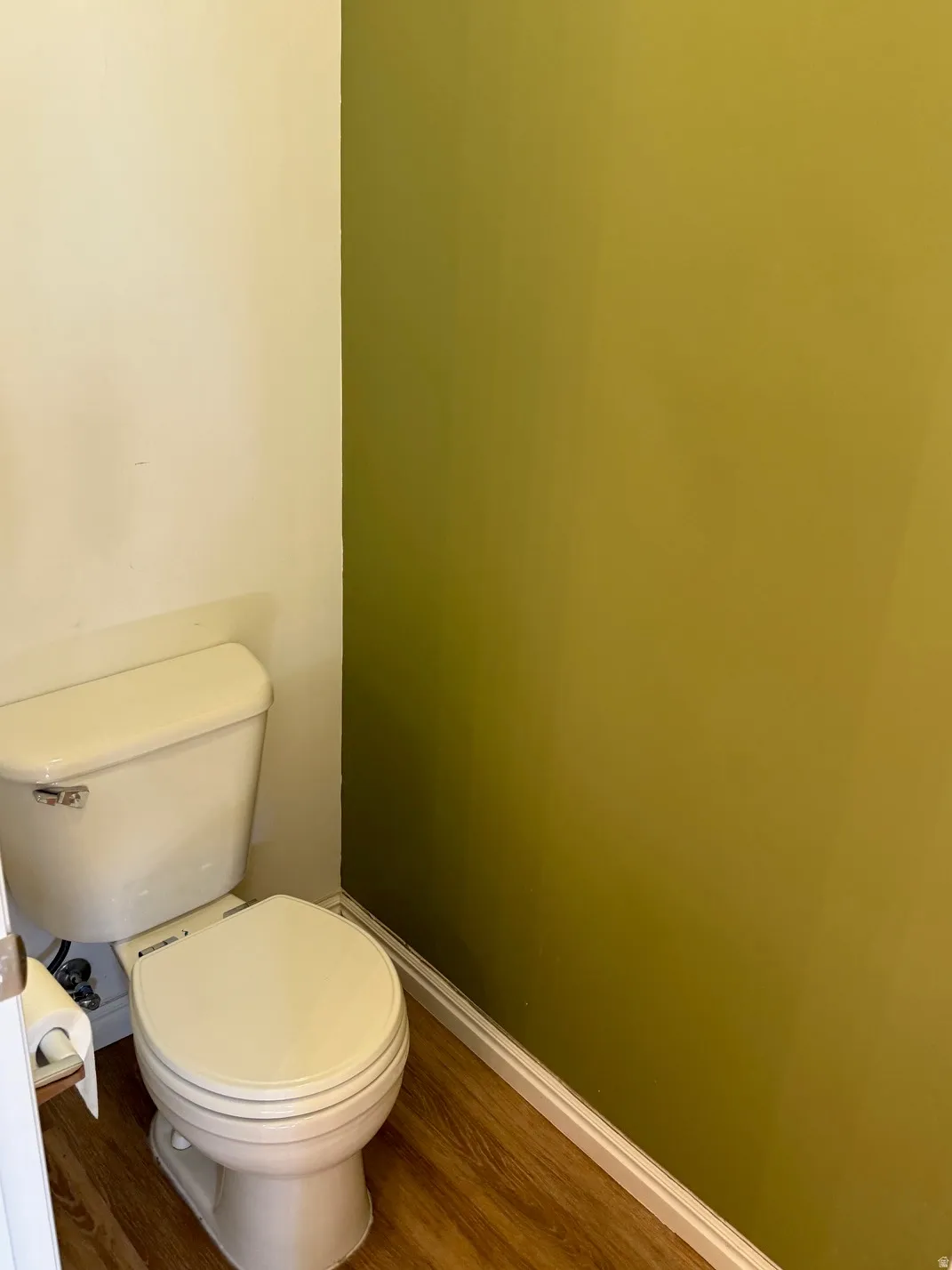 Master bathroom featuring a white toilet, wood-finish flooring, white baseboards, and a two-tone wall with a green accent
