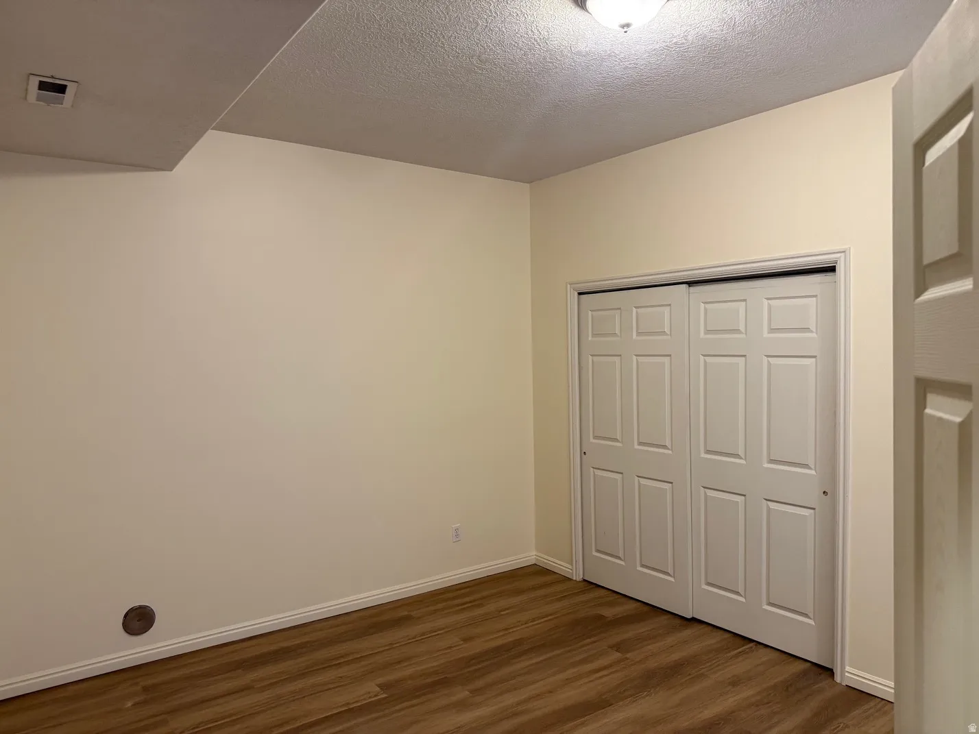 Basement bedroom featuring wood-finish flooring, light-toned walls, and a ceiling-mounted light fixture