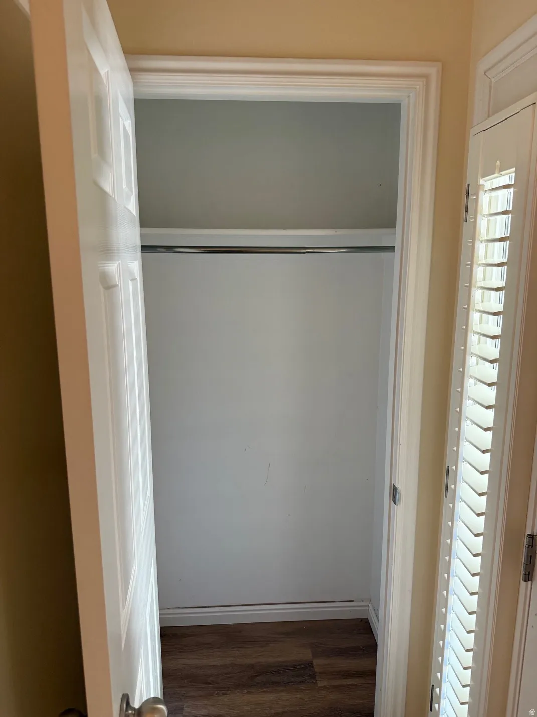 Interior closet featuring a garment rod, wood-finish flooring, and white trim