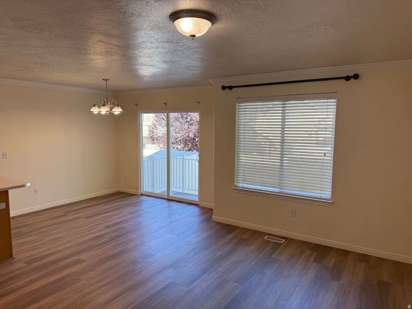 Expansive room featuring wood-finish flooring, a contemporary ceiling light fixture, crown molding, and a sliding glass door leading to an outdoor area with a white railing