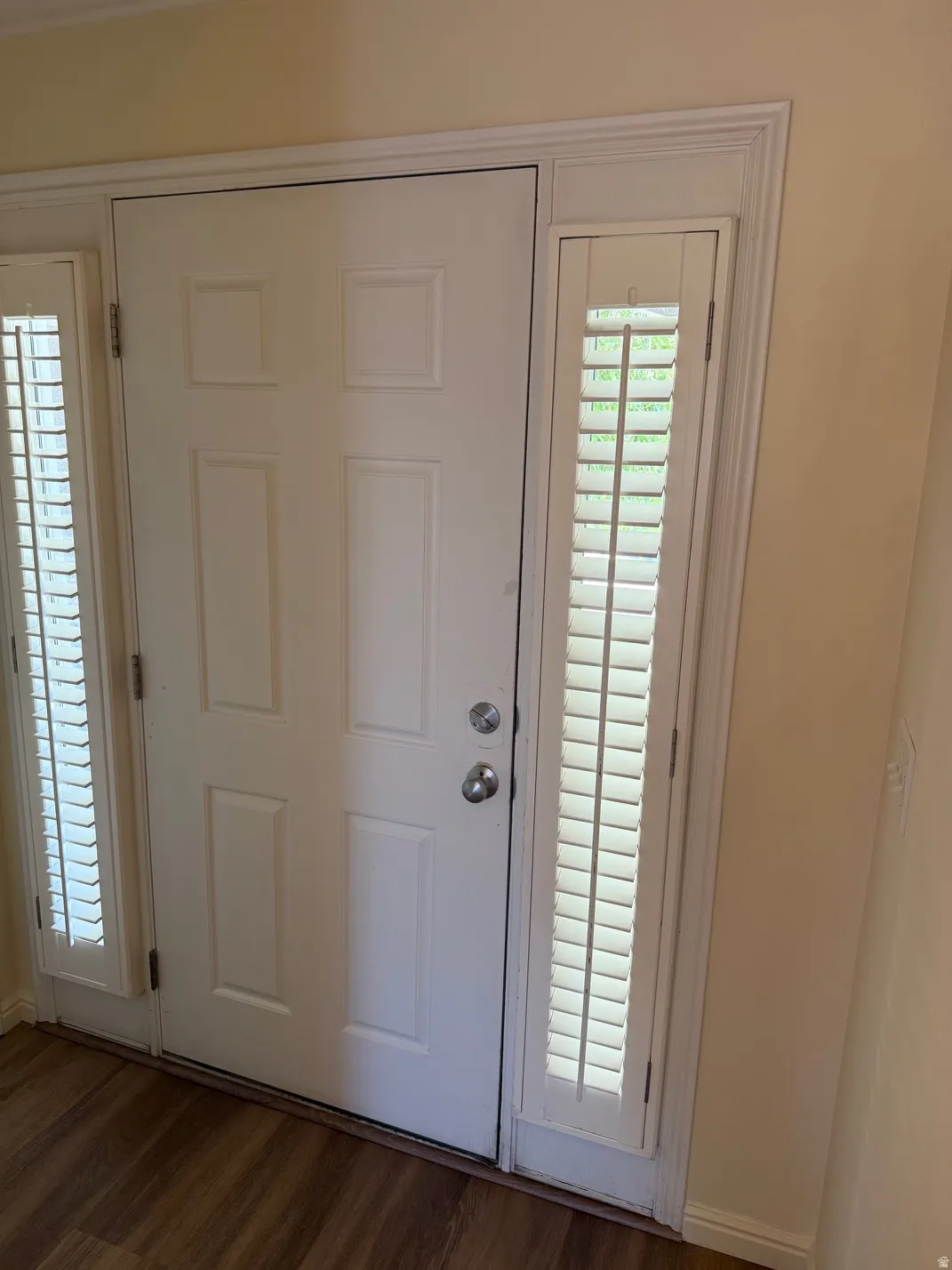 Entryway featuring a paneled door, two sidelight windows with plantation shutters, wood-finish flooring, and crown molding