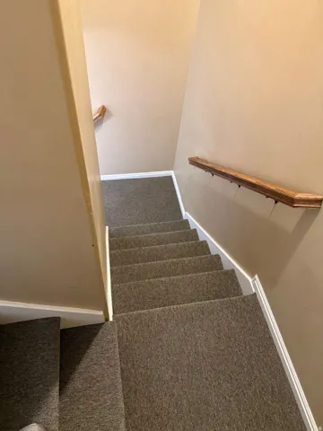 Carpeted staircase with light-toned wall paint and wood handrails
