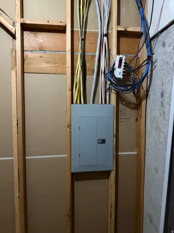 Electrical panel with exposed wiring within a framed wall structure