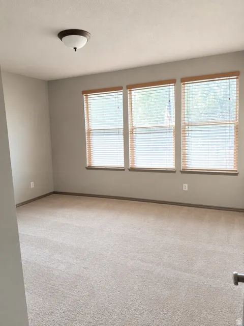 Spacious room featuring neutral carpeting and light-toned walls