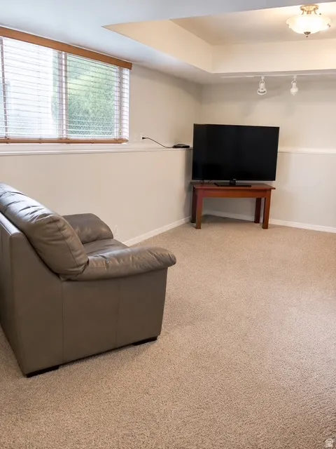 Spacious living area featuring neutral carpeting, a large window with blinds, and white baseboards