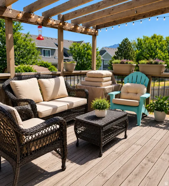 Expansive outdoor deck featuring wood-finish flooring, a pergola with string lighting, and black metal railings