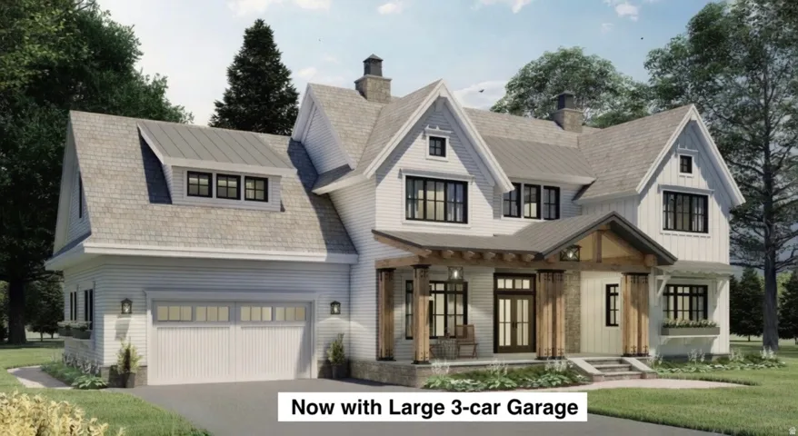 Modern farmhouse exterior with white vertical siding and black-framed windows