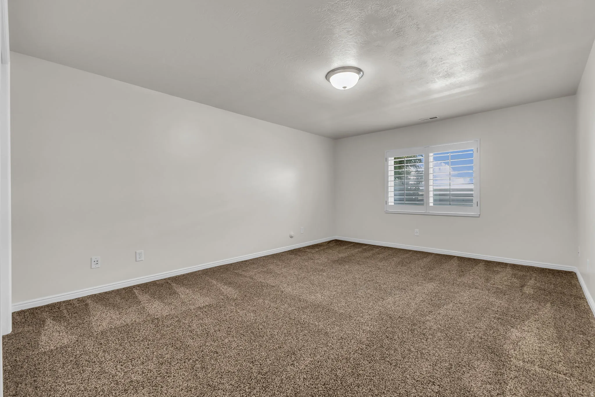 Spacious room featuring neutral wall tones, brown textured carpeting, and white baseboards