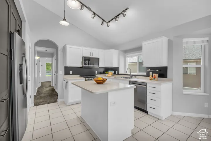 Contemporary kitchen featuring a vaulted ceiling and track lighting