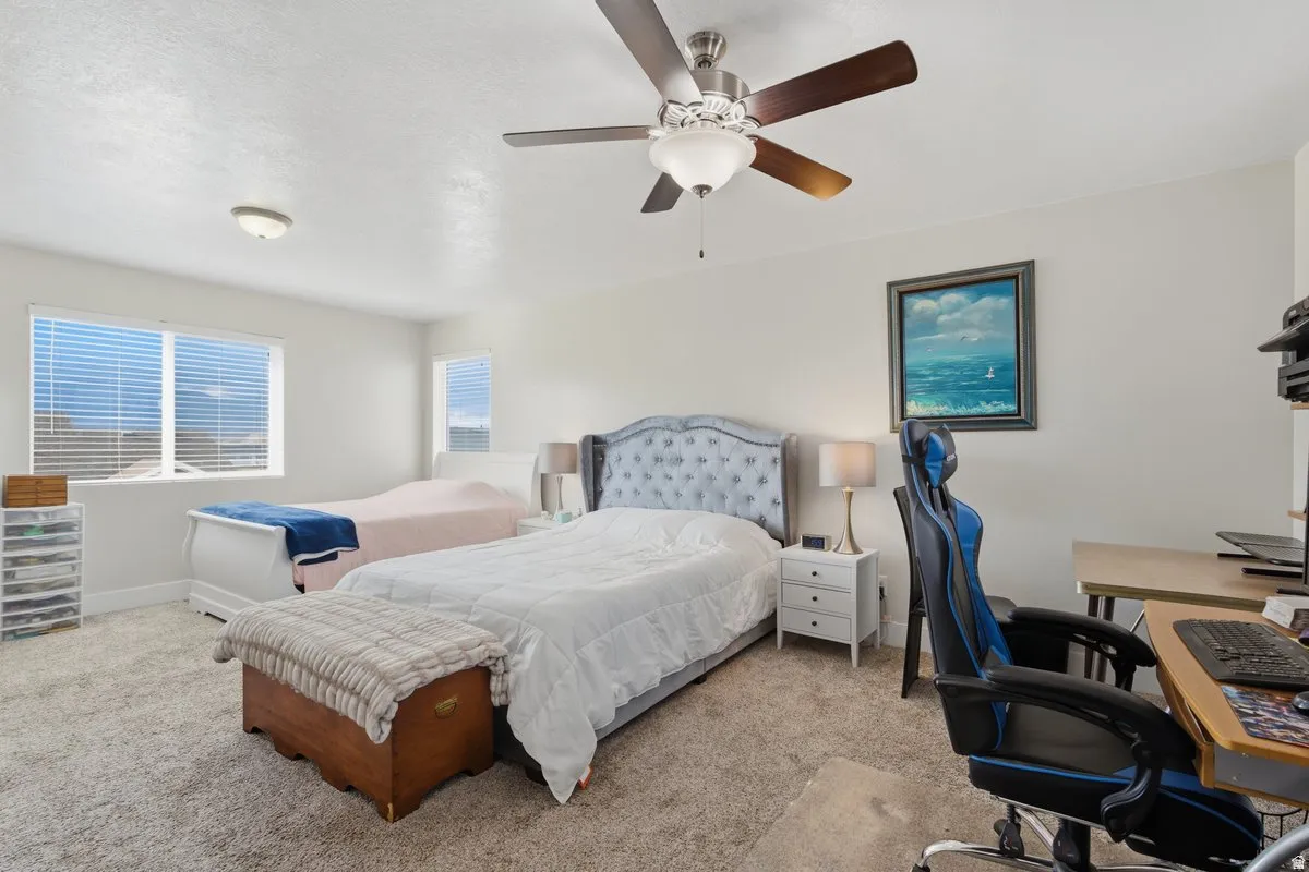 Carpeted interior space featuring white walls and multiple windows with blinds