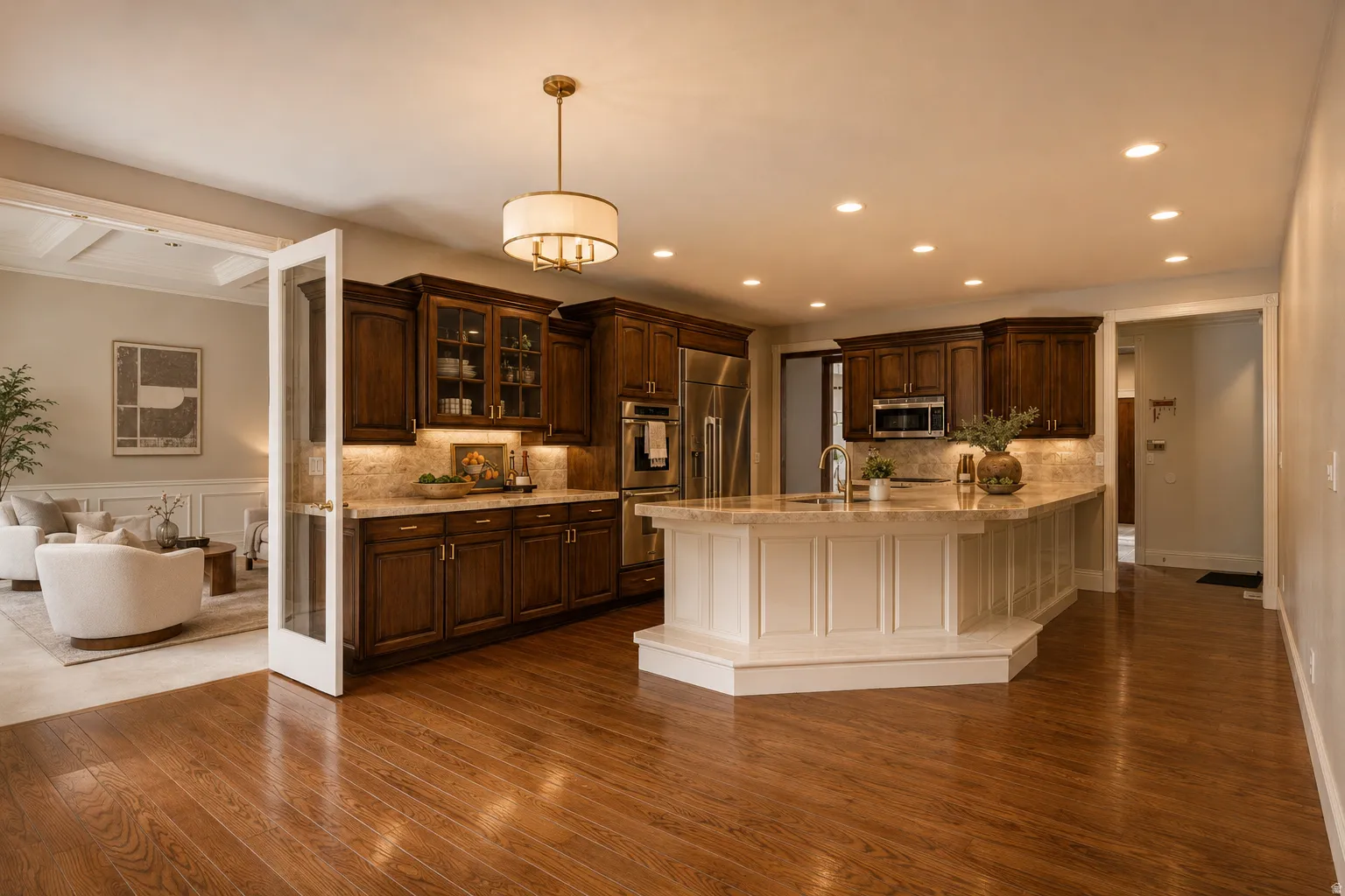 Spacious kitchen featuring rich wood cabinetry, stainless steel appliances, and a substantial multi-level island with seating