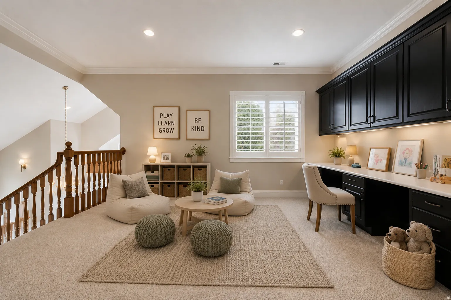 Carpeted loft area featuring a built-in desk with dark cabinetry and white countertops, a window with plantation shutters, recessed lighting, and a wood baluster railing
