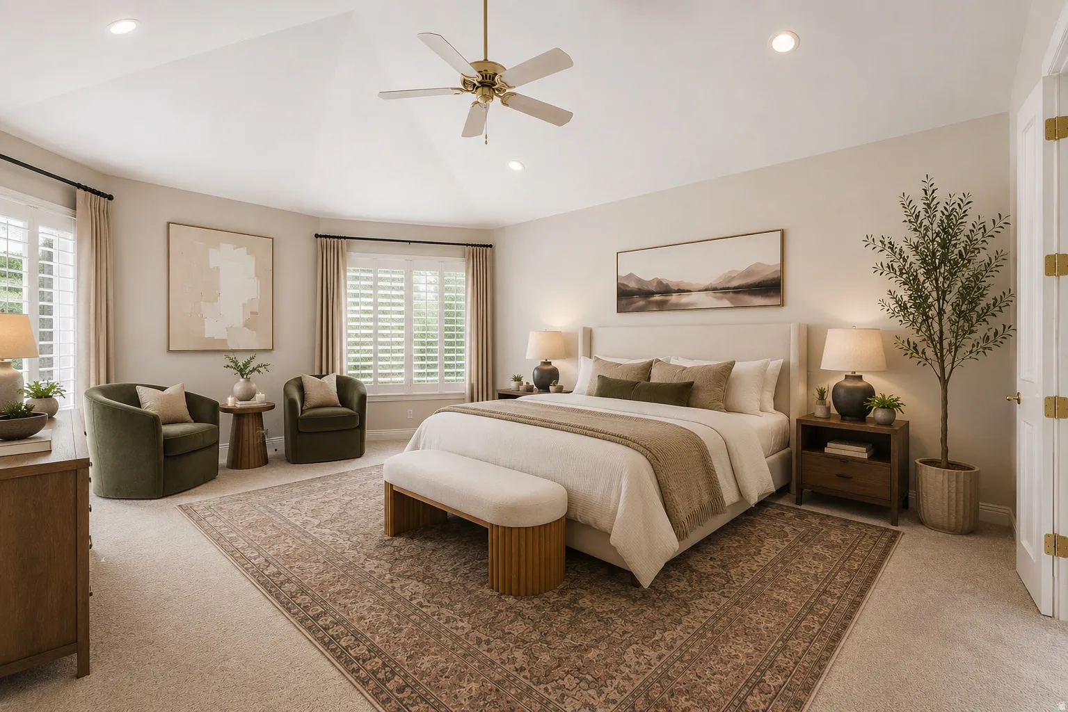 Vaulted ceilings featuring a ceiling fan and recessed lighting