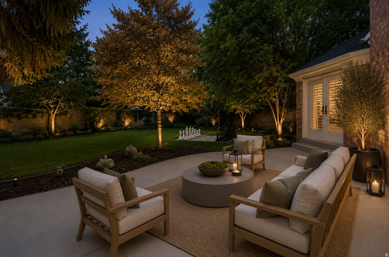 Expansive concrete patio with integrated landscape lighting, a manicured lawn, mature trees, and a brick exterior with French doors