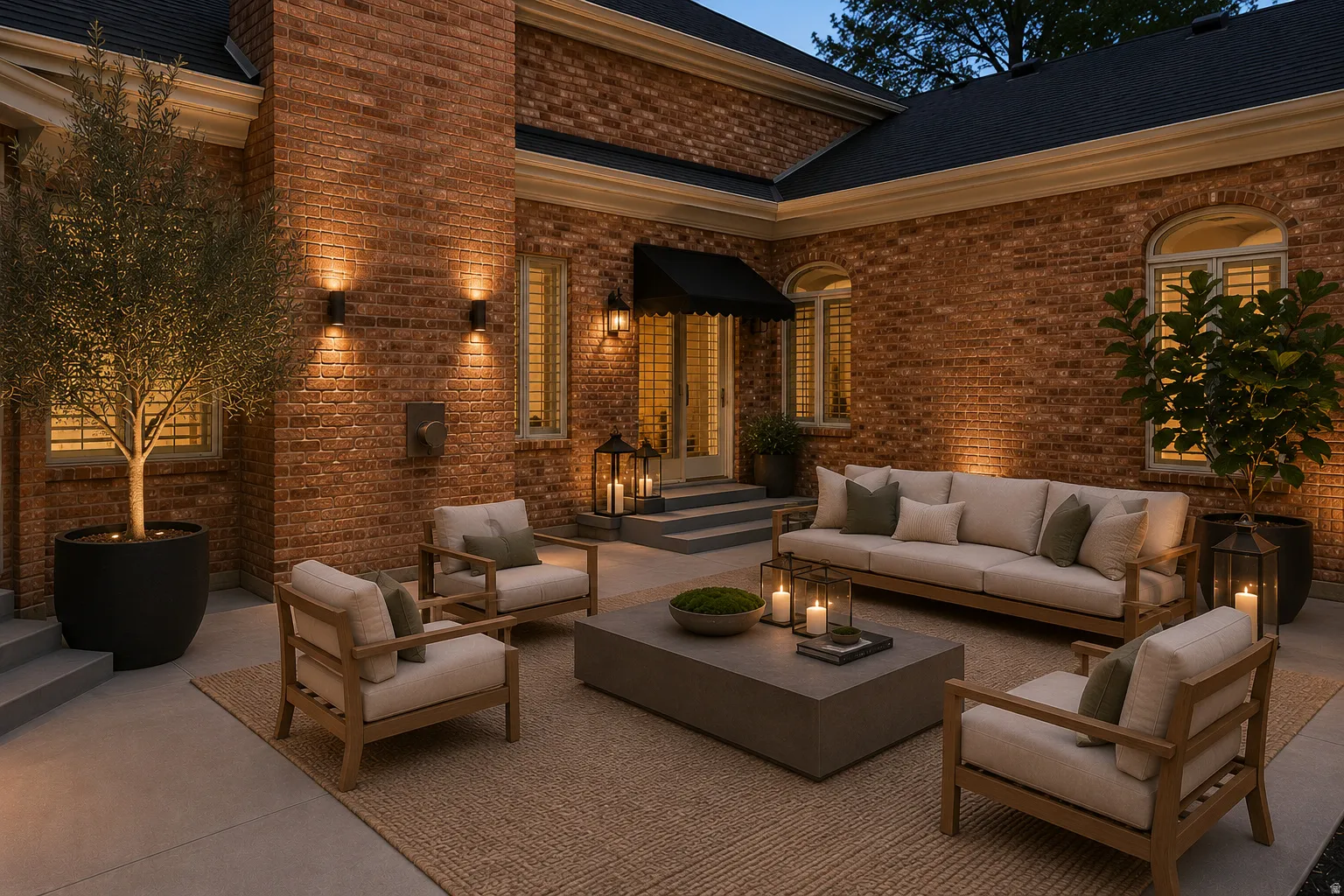 Expansive brick patio featuring integrated architectural lighting, concrete steps, a black awning over an entry, and a large planter with mature landscaping