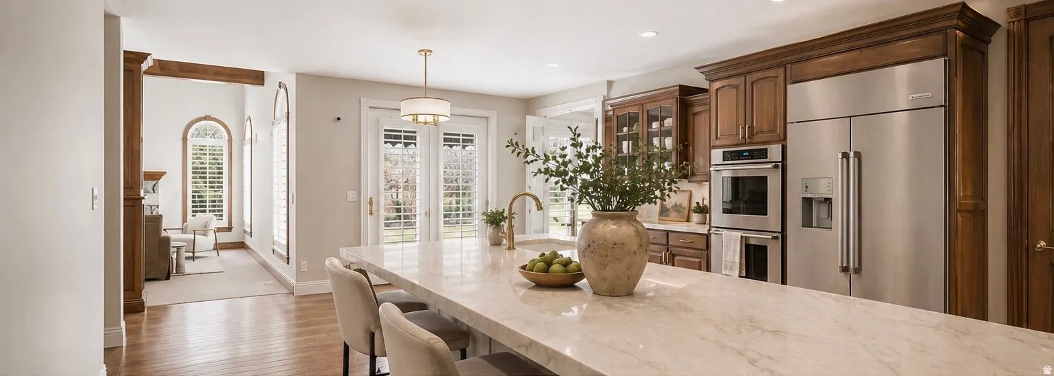 Spacious kitchen featuring a large island with stone countertop, wood-finish flooring, stainless steel appliances, and French doors