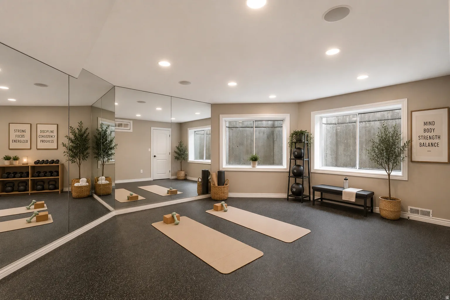 Dedicated fitness space featuring full-wall mirrors, recessed lighting, durable rubber flooring, and multiple windows