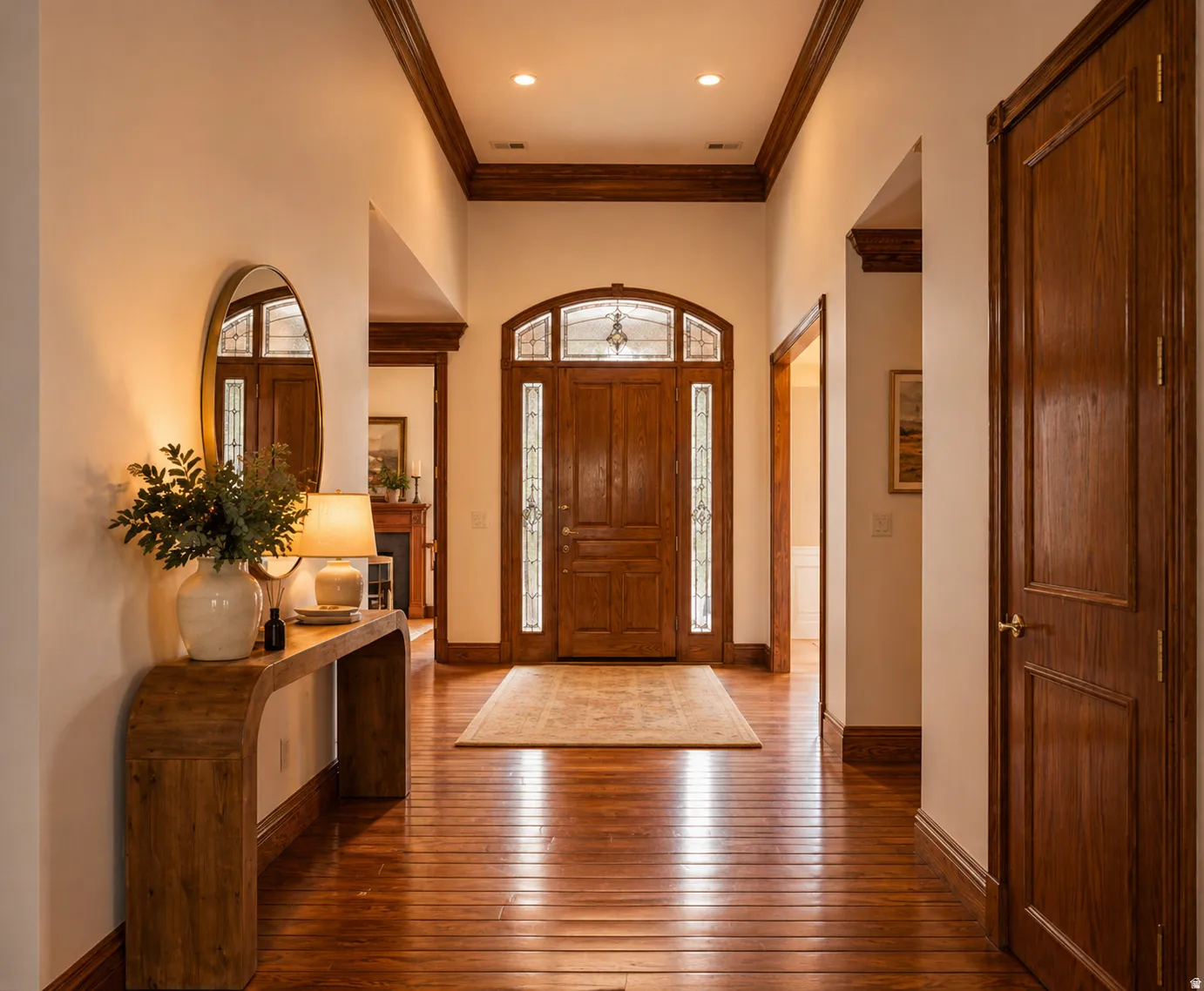 Hardwood flooring throughout the entry hall, featuring a solid wood front door with sidelights and an arched transom window