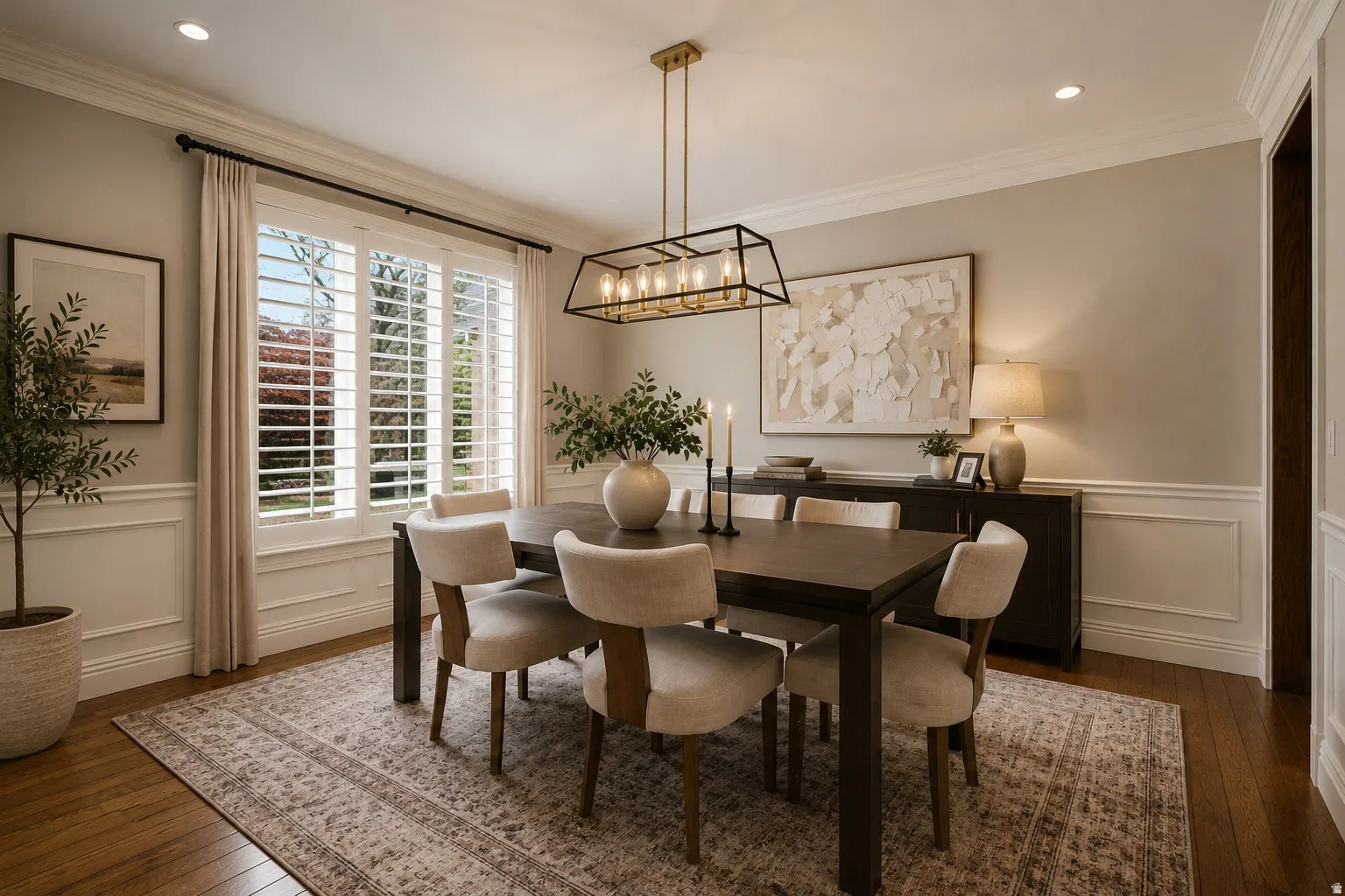 Formal dining area featuring hardwood flooring, crown molding, and wainscoting