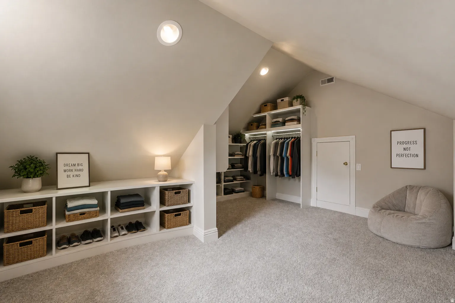 Attic space featuring sloped ceilings, recessed lighting, and soft gray carpeting
