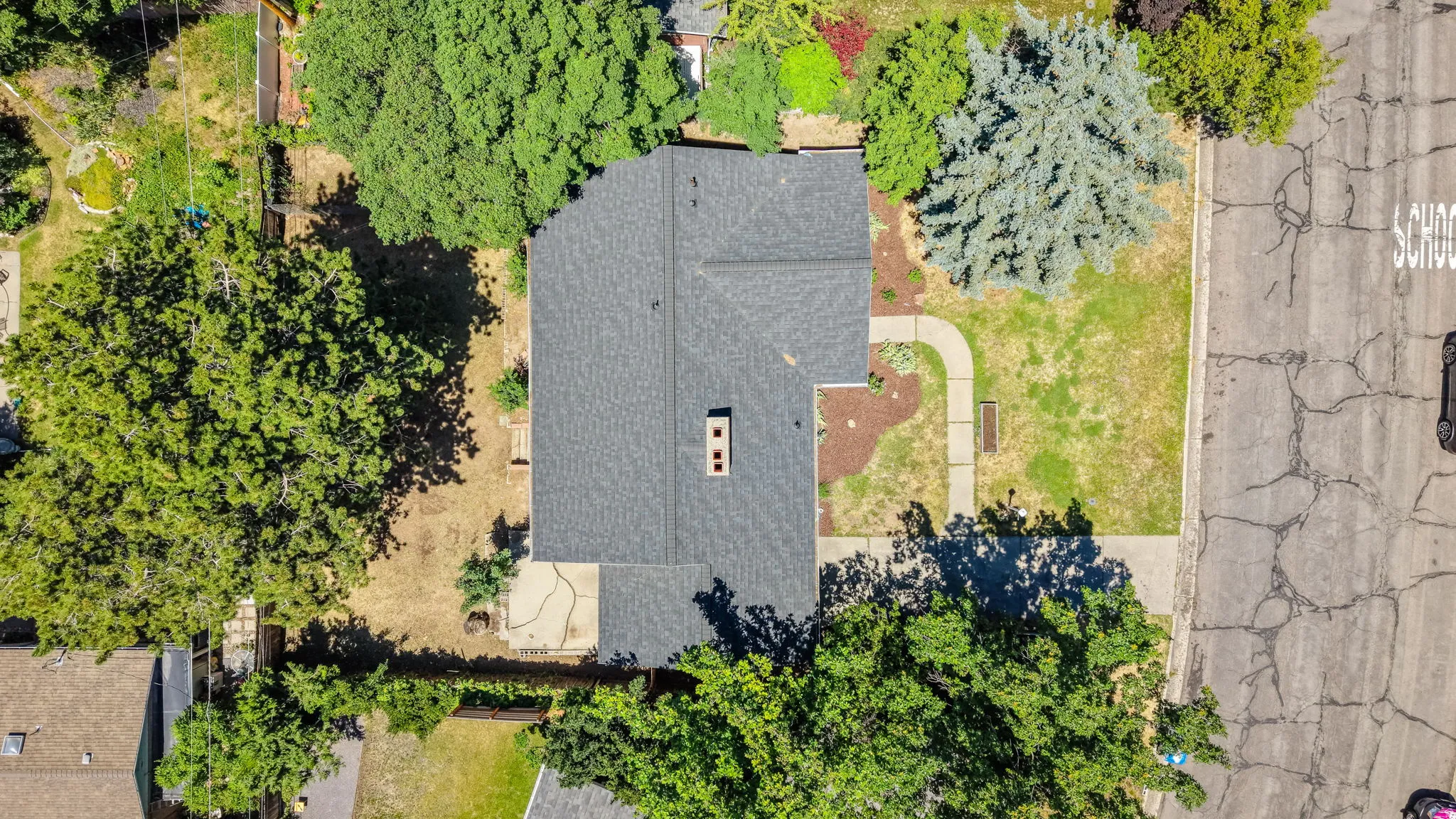 Gable roof home with a prominent chimney, extensive mature trees, front yard with green space, and a paved walkway