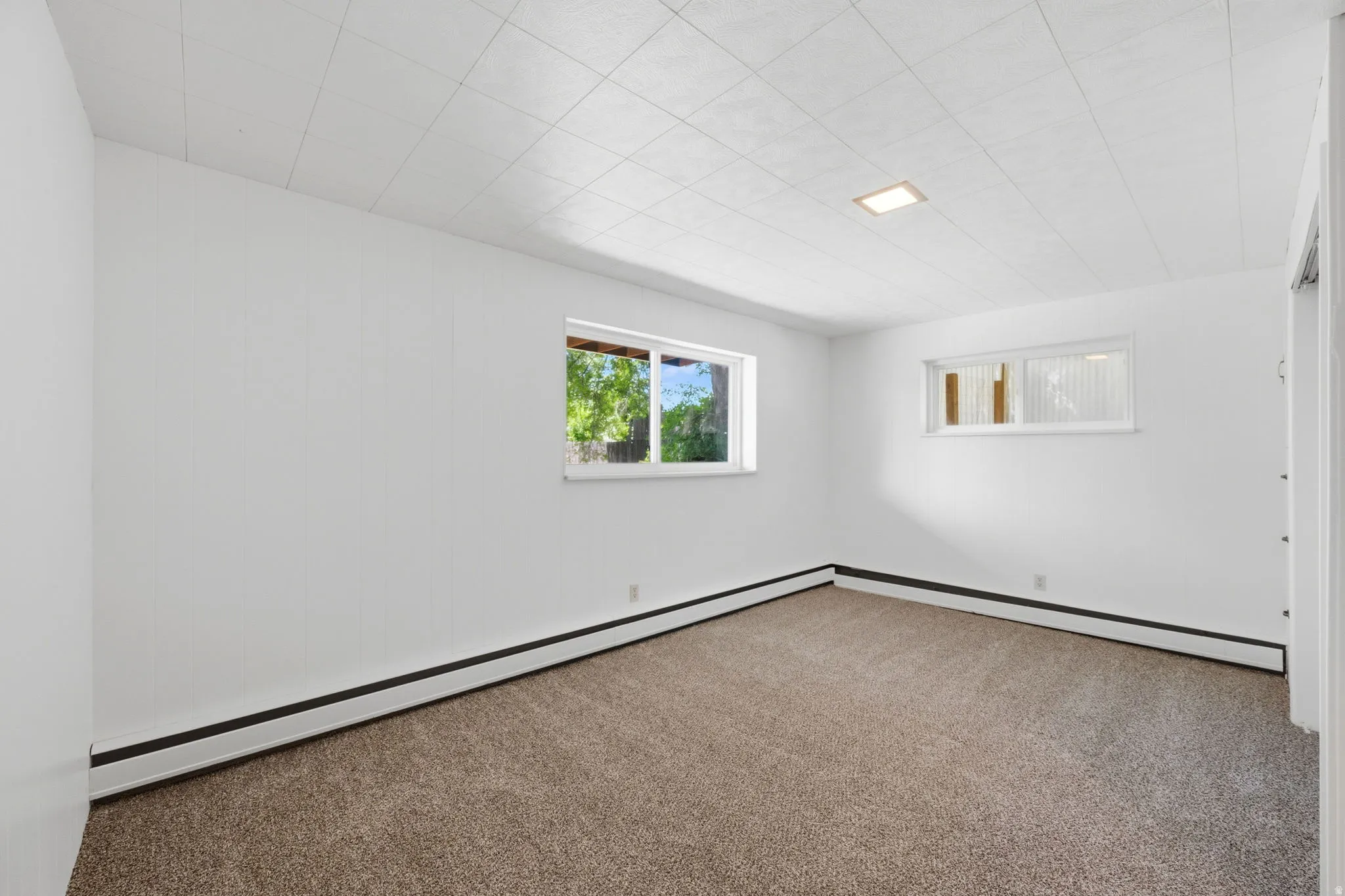 Carpeted interior room with white walls, a white acoustic tile ceiling, and two windows providing natural light