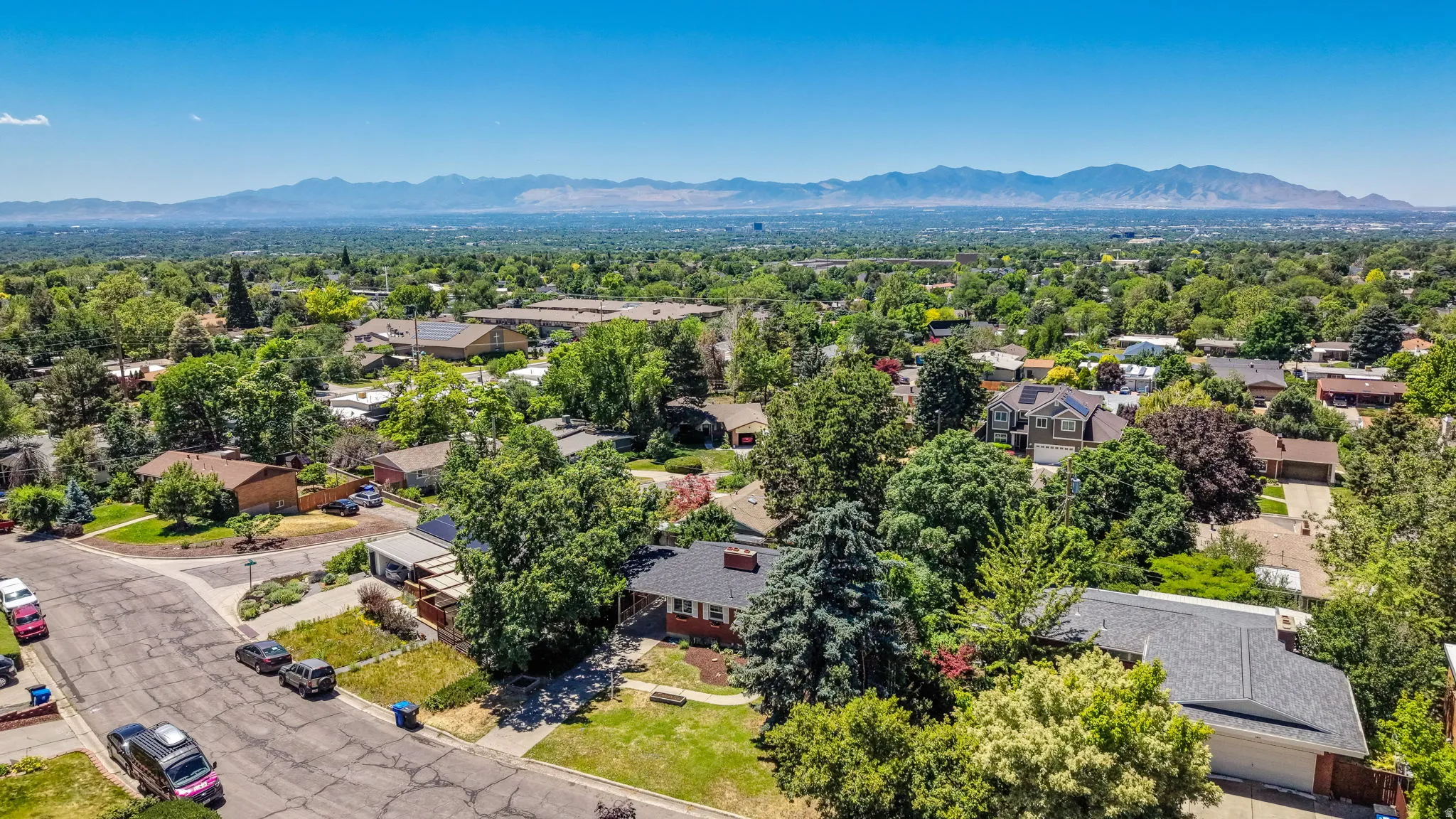 Residential neighborhood with mature trees, established homes, and distant mountain backdrop