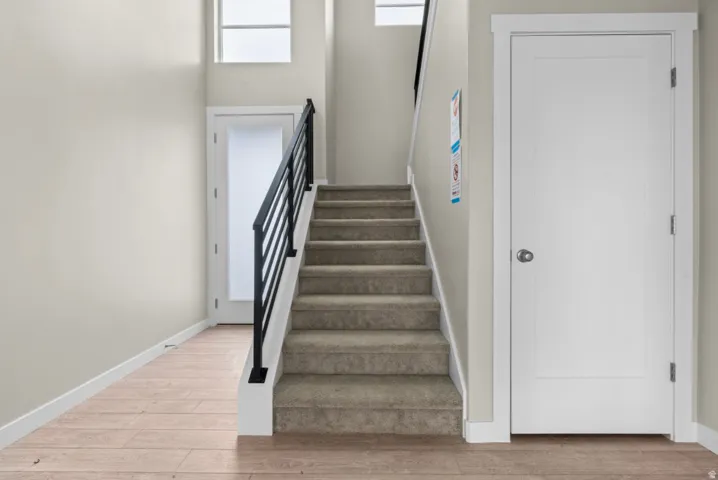 Carpeted staircase featuring a modern black metal railing