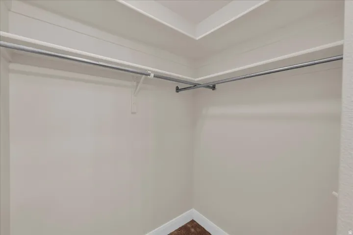 Walk-in closet featuring white painted walls, crown molding, double hanging rods, and a carpeted floor