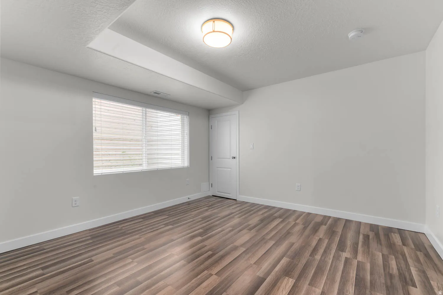 Spacious room featuring wood-finish flooring, light-toned walls, a large window with horizontal blinds, and a paneled interior door