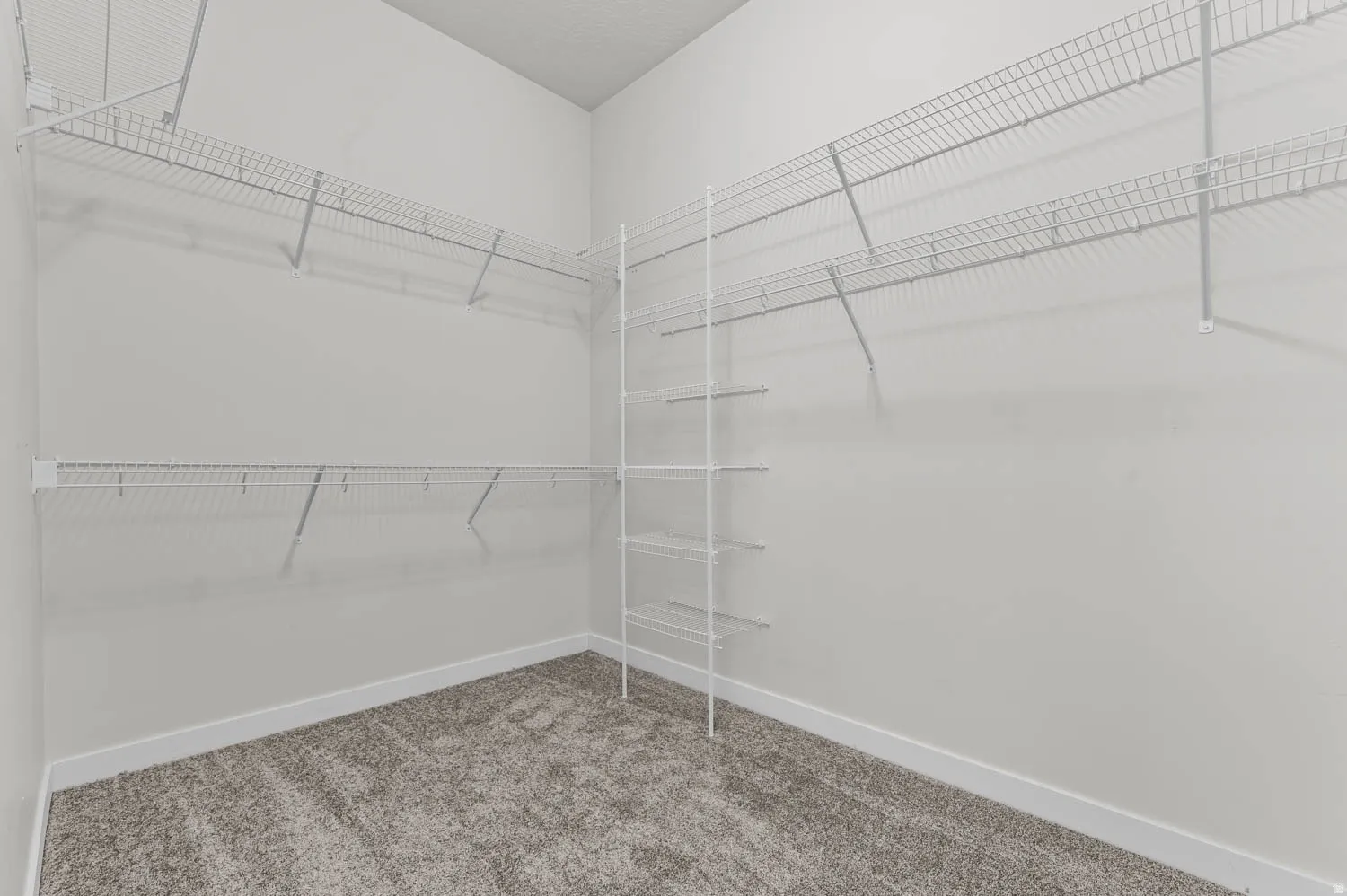 Walk-in closet featuring wire shelving, white walls, white baseboards, and gray carpet flooring