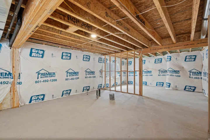 Unfinished basement with exposed ceiling joists and subfloor