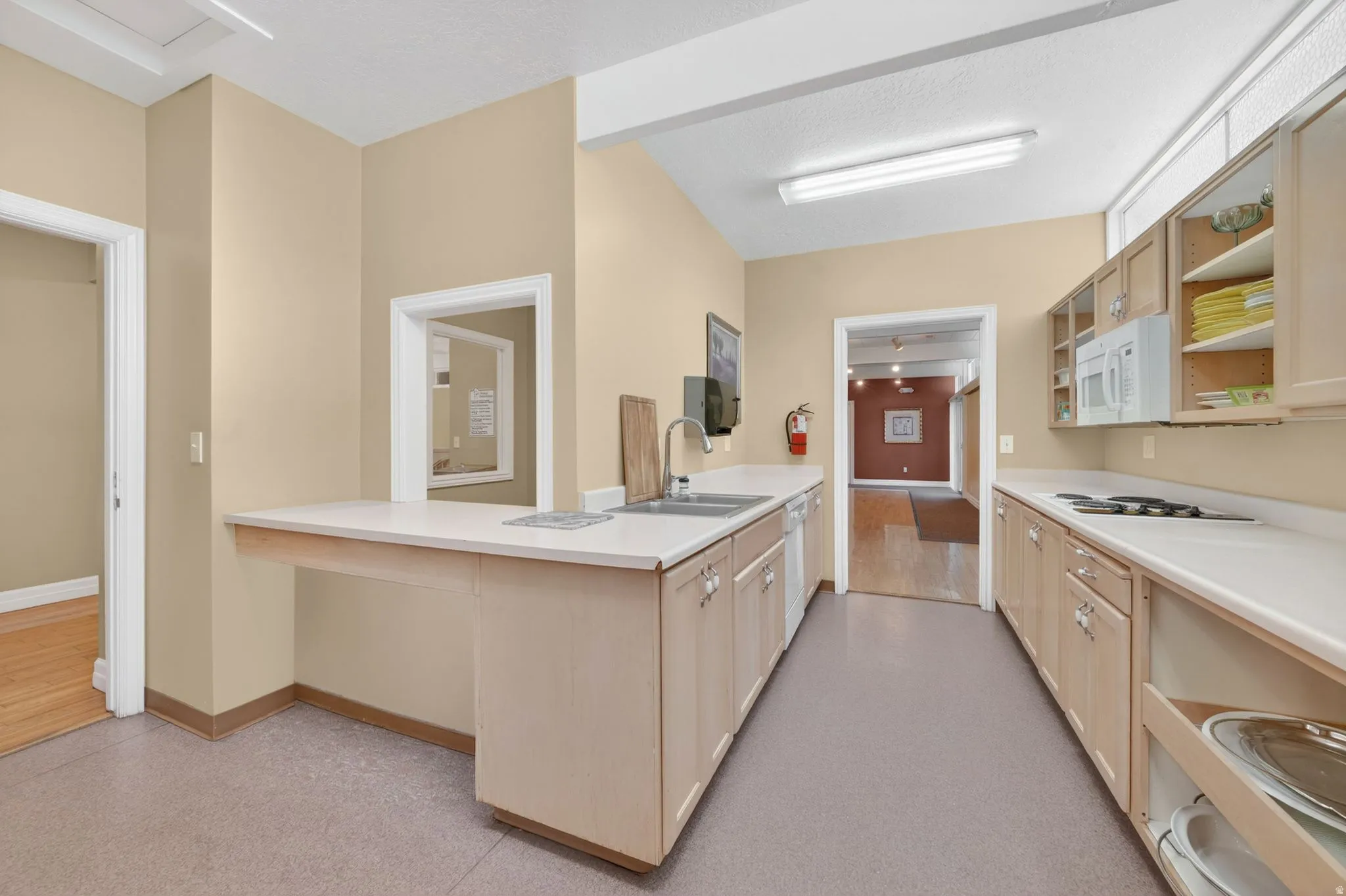 Club house hosting alley-style kitchen featuring extensive countertop space, light-toned cabinetry, dual stainless steel sinks, and a built-in microwave
