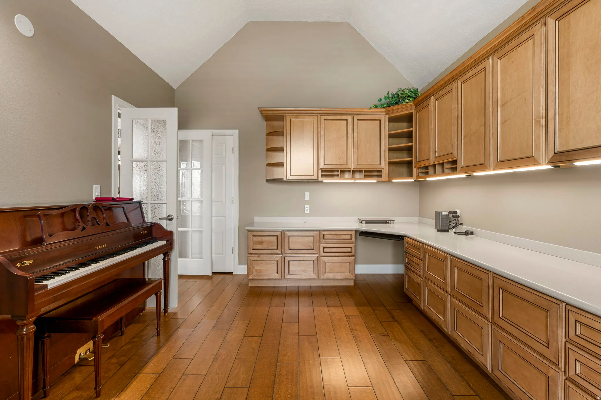 Spacious room featuring extensive built-in cabinetry with under-cabinet lighting, light-toned countertops, and wood-finish flooring