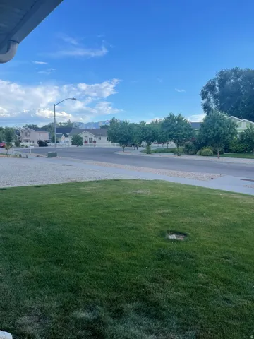 Manicured lawn with gravel landscaping and paved street