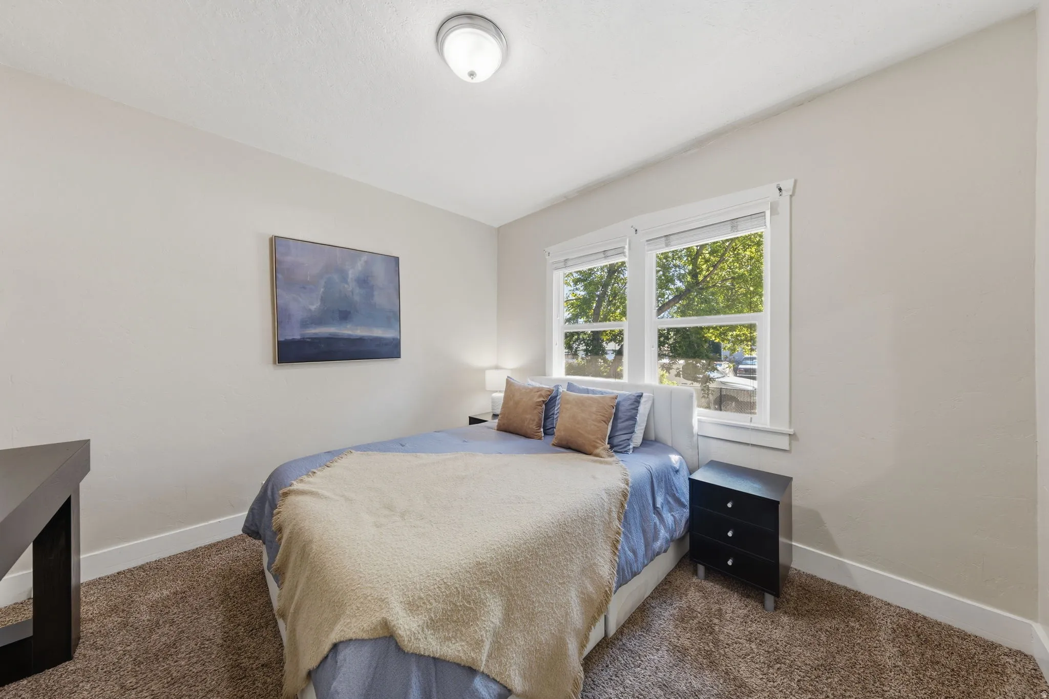 Room with neutral-toned walls, brown carpet, and a flush-mount ceiling light