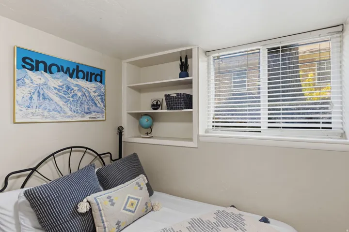 Built-in shelving unit providing storage and display space