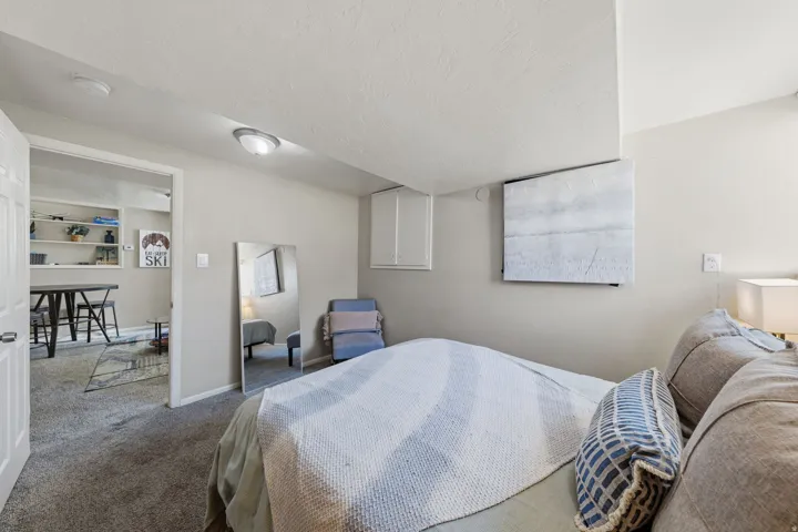 Carpeted bedroom with neutral wall tones and a built-in wall cabinet