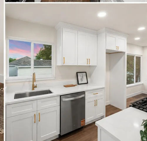 White cabinetry, stainless steel dishwasher, undermount sink, brass finish faucet, and recessed lighting