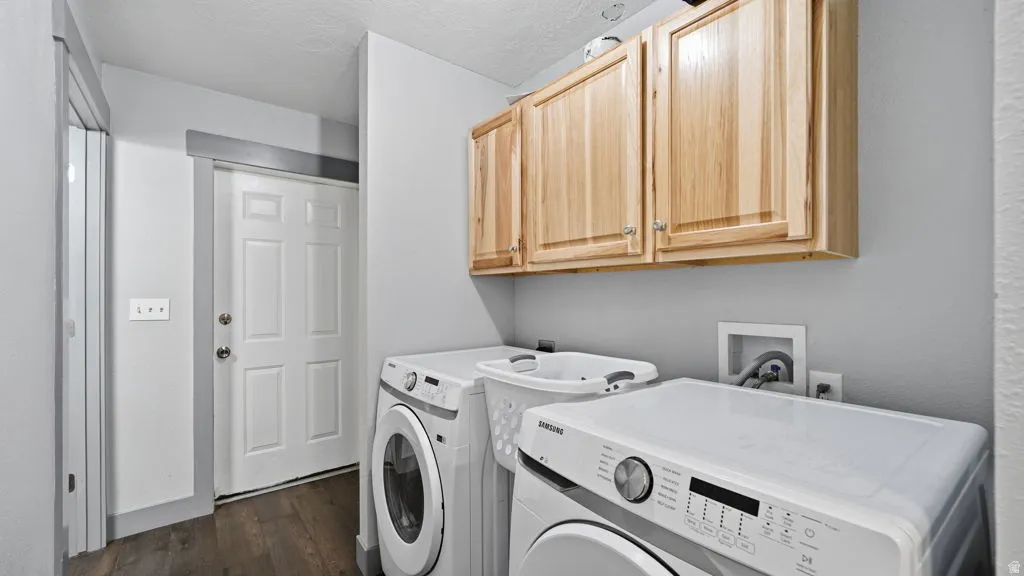 Dedicated laundry area featuring wood-finish flooring, light gray walls, and natural wood cabinetry