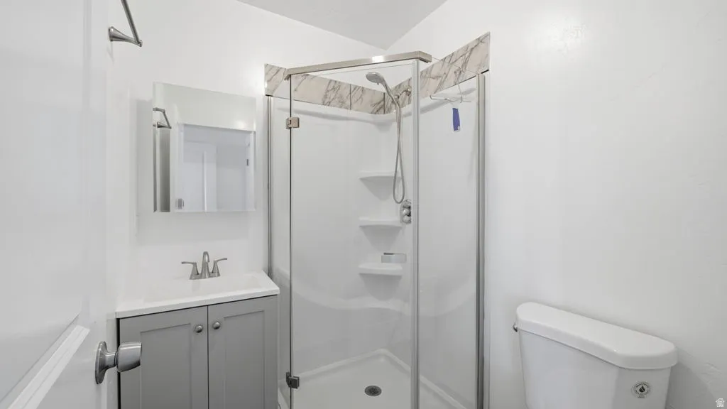 Modern bathroom featuring a glass-enclosed shower with a white surround and integrated shelving, a grey vanity with a white countertop and rectangular sink, a wall-mounted mirrored medicine cabinet, and a white toilet