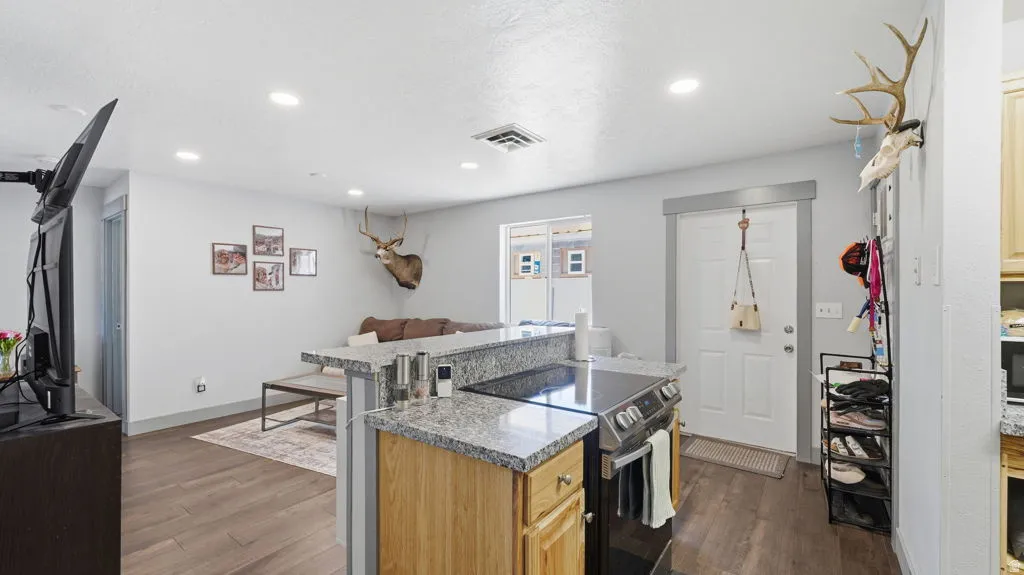 Open-concept living space featuring wood-finish flooring, recessed lighting, a kitchen island with granite-style countertops, and a built-in electric range